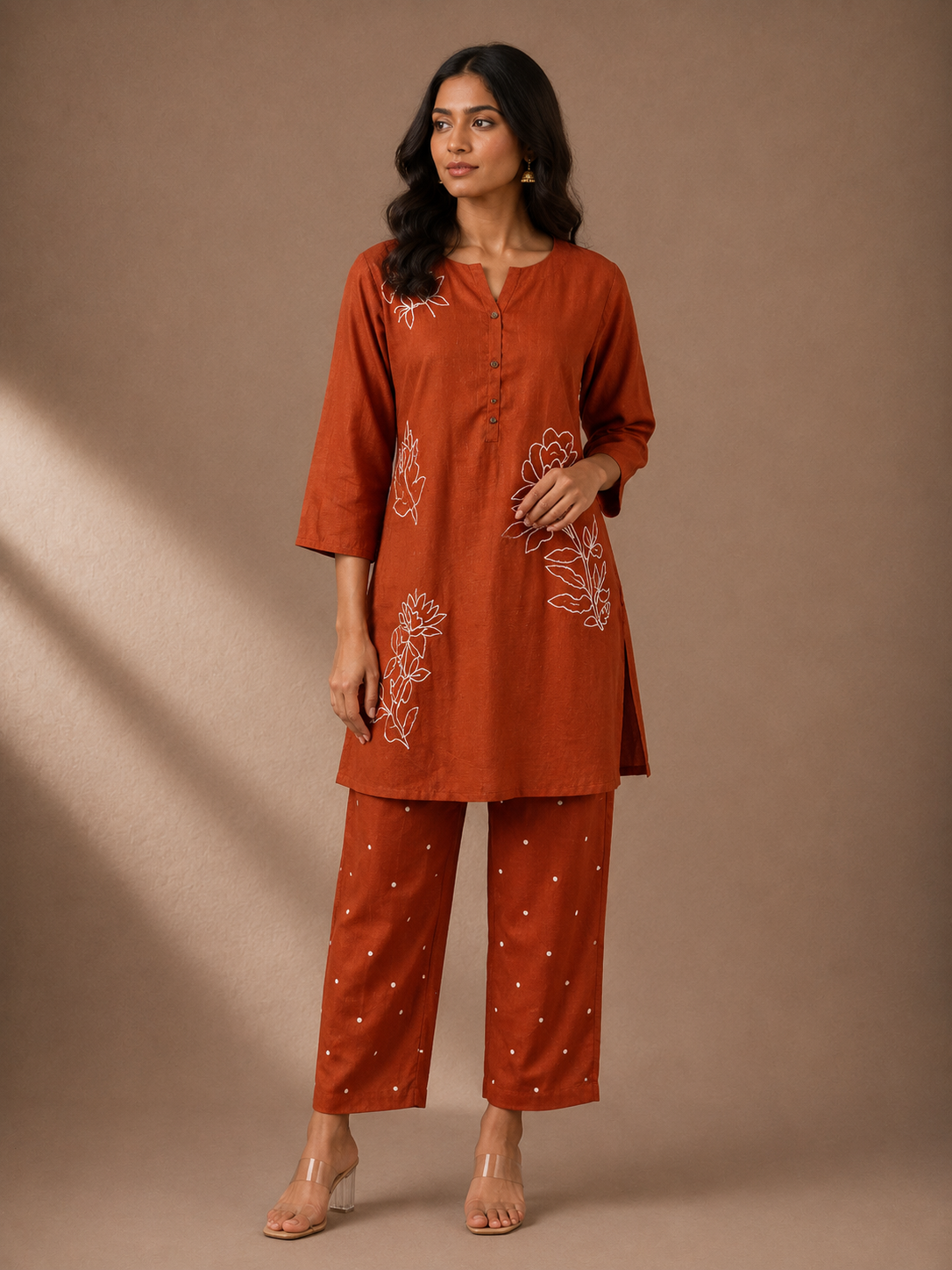 Rust Orange Silk Blend Floral Embroidered Kurta Pant Set